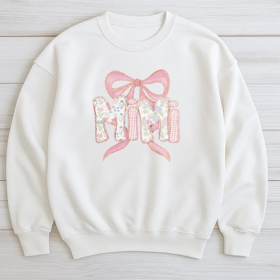 Mimi Hoodie Sweatshirt | Floral Bow with Patchwork Style Letters | Soft Cotton Blend | Gift for Grandma, New Mimi Pregnancy Announcement