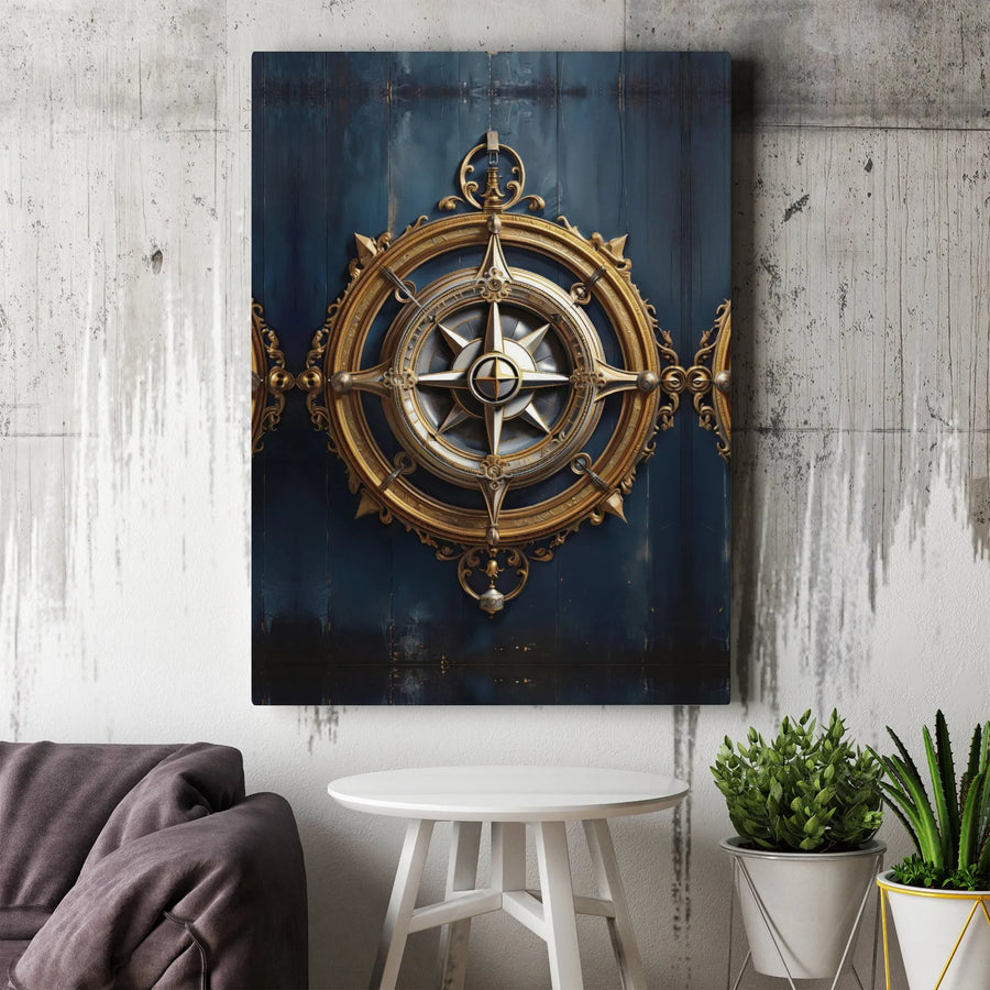 Vintage Compass Canvas Wall Art | Ornate Gold & Silver Nautical Design | Premium Gallery Wrapped Canvas | Collector's Gift for Traveler