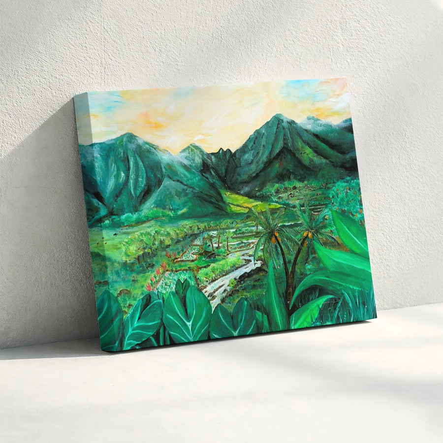 Tropical Mountain Valley Canvas | Lush Green Landscape Wall Art | Premium Fade-Resistant Gallery Print | Bohemian Home Decor Gift