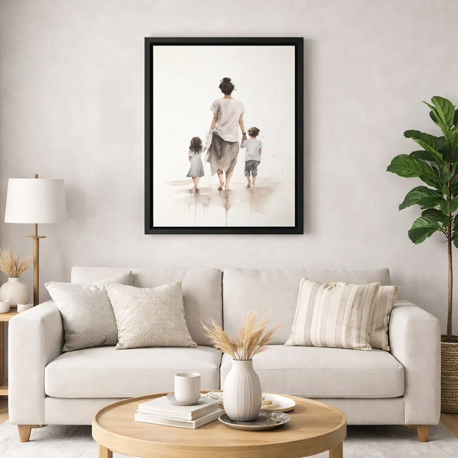 Mother With Two Children Wall Art | Watercolor Family Portrait Painting | Premium Gallery Wrap Canvas | Meaningful Gift For Mom