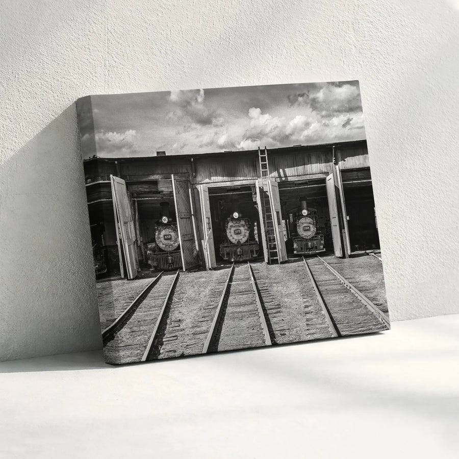 Steam Locomotive Wall Art | Black and White Roundhouse Train Photography | Gallery Wrapped Canvas Print | Gift for Railfan and History Buff