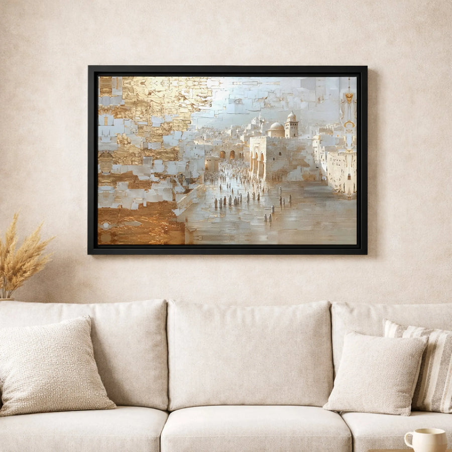 Jerusalem Old City Canvas Wall Art | Abstract Gold Leaf Texture Print | Premium Gallery Wrap Decor | Religious Home Office Gift