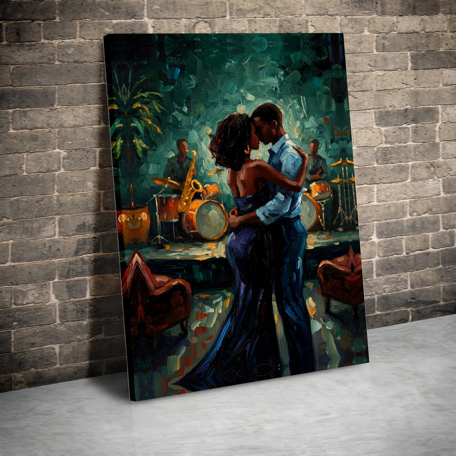 Romantic Black Couple Canvas Print | Impressionist Jazz Club Painting | Premium Gallery Wrapped Canvas | Modern African American Art Gift
