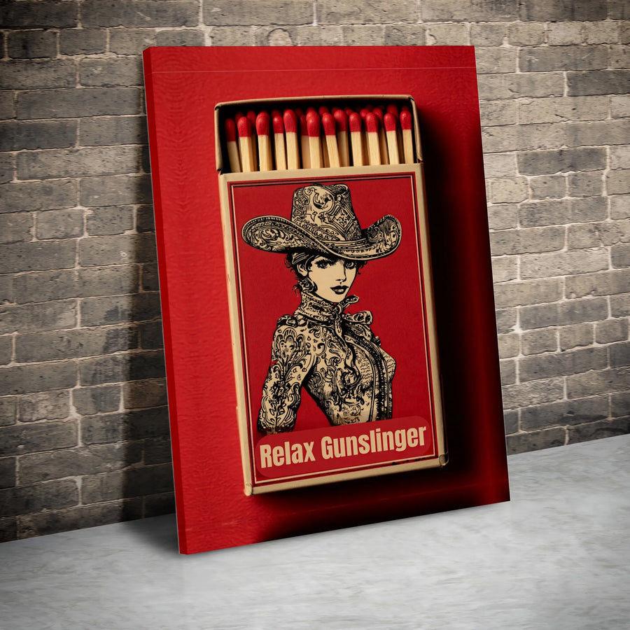 Relax Gunslinger Cowgirl Canvas Print | Vintage Matchbox Poster Art | Premium 1.25" Gallery Wrap | Western Home Decor Gift