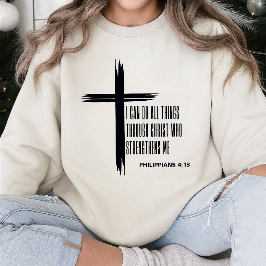 Philippians 4:13 Sweatshirt | Christian Faith Cross Graphic | Soft Cotton Blend Premium Apparel | Religious Gift for Men and Women