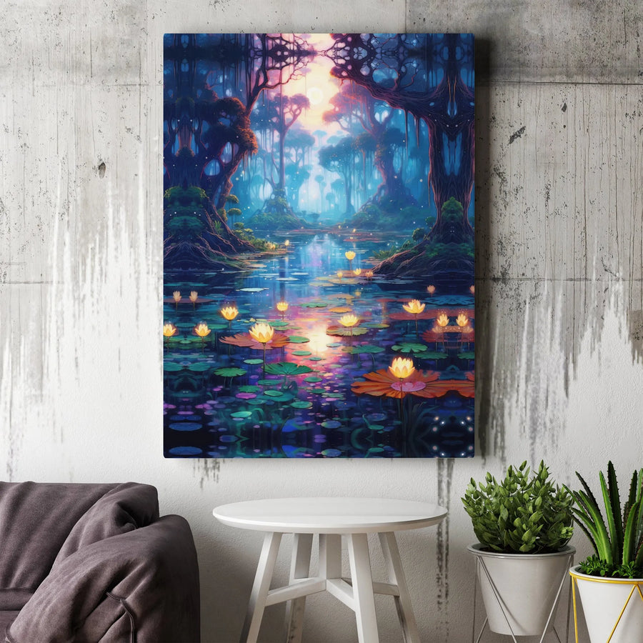 Enchanted Forest River Canvas Art | Luminous Water Lily Pond Print | Gallery Quality 1.25 Inch Profile | Whimsical Nature Decor for Home and Office