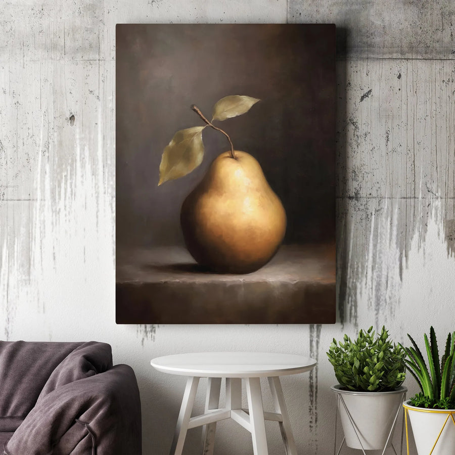 Golden Pear Still Life Canvas Print | Moody Dark Academia Wall Art | Premium Gallery-Wrapped Decor | Elegant Kitchen & Dining Room Gift