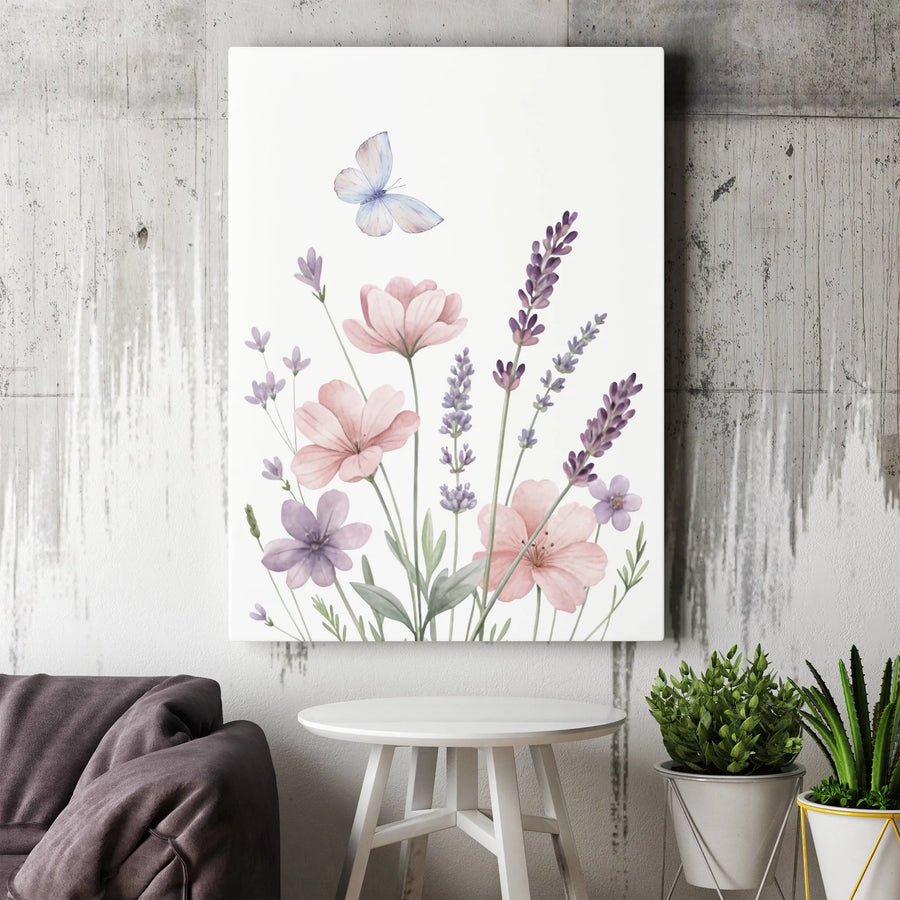 Wildflower Butterfly Canvas Wall Art | Watercolor Lavender & Pink Flowers | Premium Gallery Wrap Canvas | Minimalist Botanical Home Decor Gift