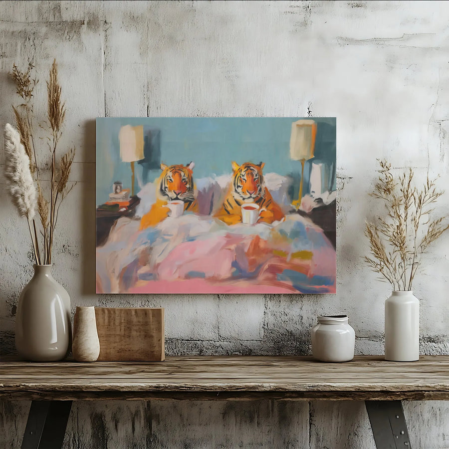 Tigers Drinking Coffee Canvas | Whimsical Animal Bedtime Oil Painting | Premium Gallery Wrap Wall Art | Cozy Bedroom Home Decor Gift