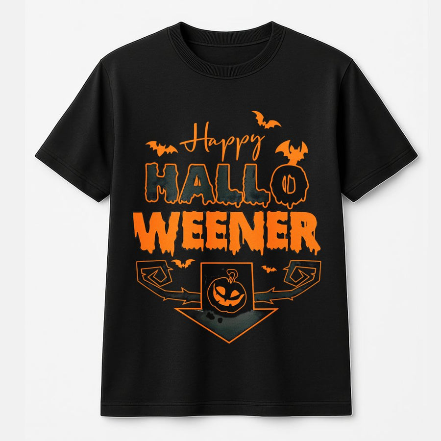 Happy Hallo-Weener Halloween T-Shirt | Funny Pumpkin Pun Graphic Tee | Premium Cotton Unisex Shirt | Cute Dachshund Dog Lover Halloween Gift