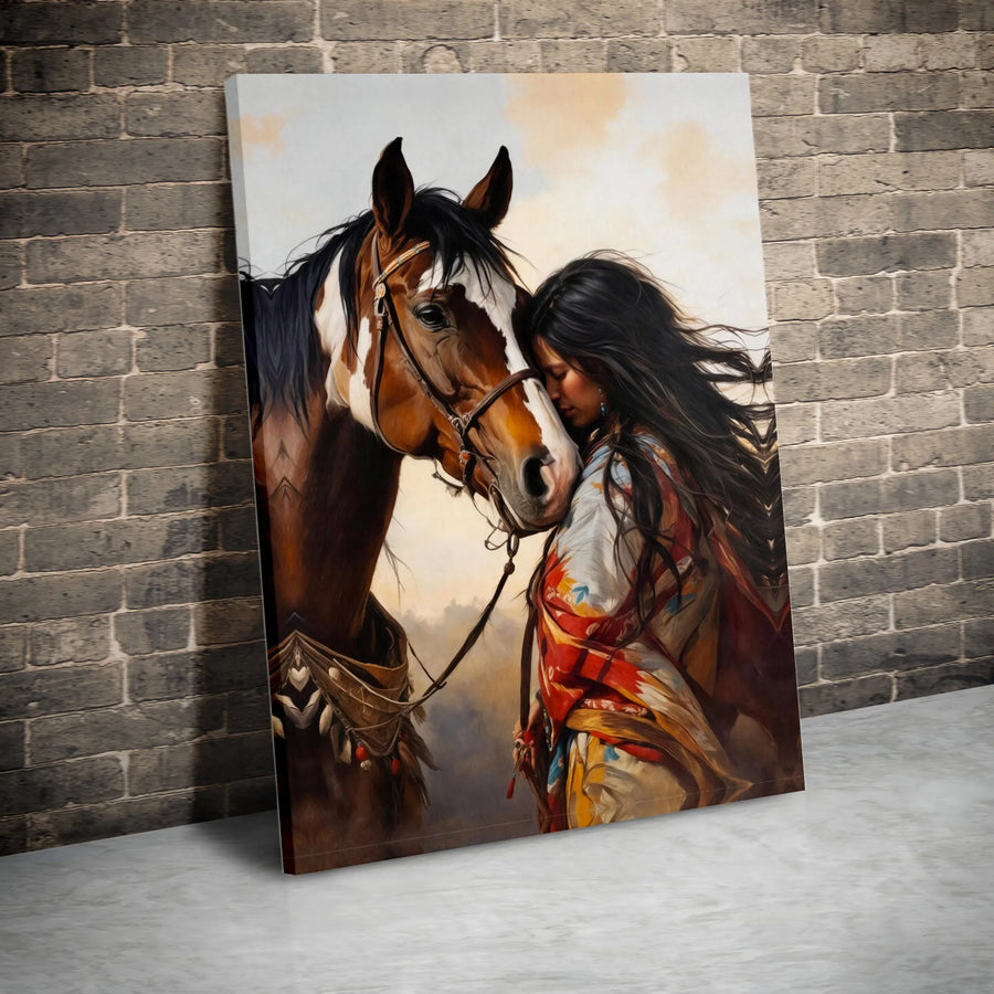Native American Woman and Horse Canvas Print | Western Boho Wall Art | Premium Gallery Wrapped Decor | Spiritual Southwestern Gift for Home