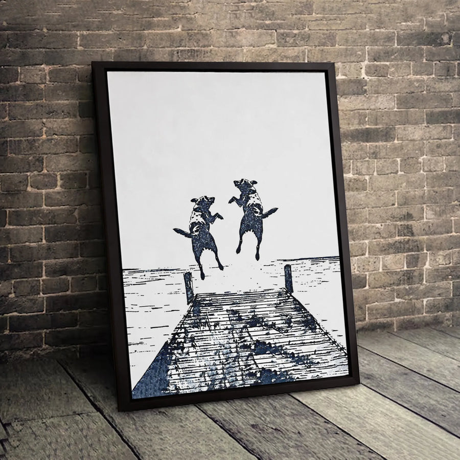 Dog Dock Jumping Wall Art | Minimalist Linocut Print | Premium Gallery Wrapped Canvas | Perfect Gift for Dog Lovers & Pet Owners