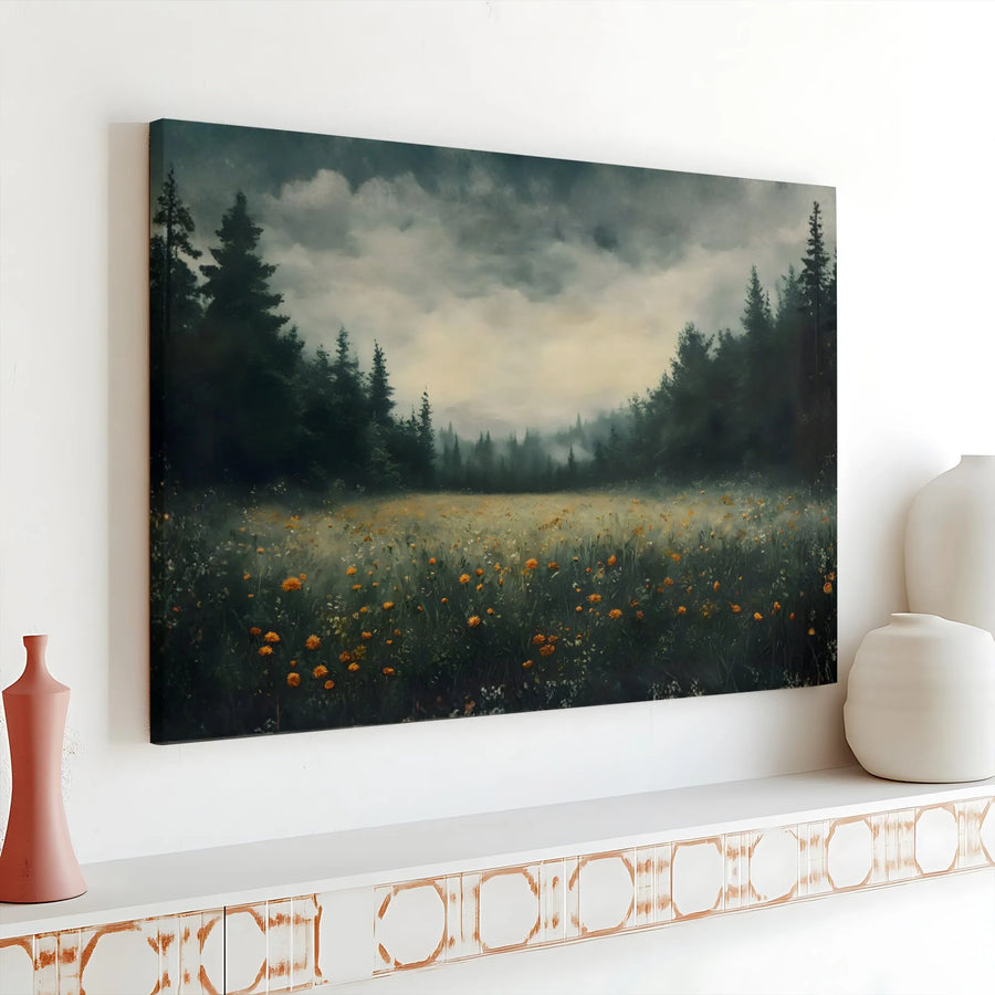 Misty Forest Meadow Canvas Art | Moody Wildflower Landscape Painting | Premium Gallery Wrapped Print | Rustic Nature Wall Decor Gift