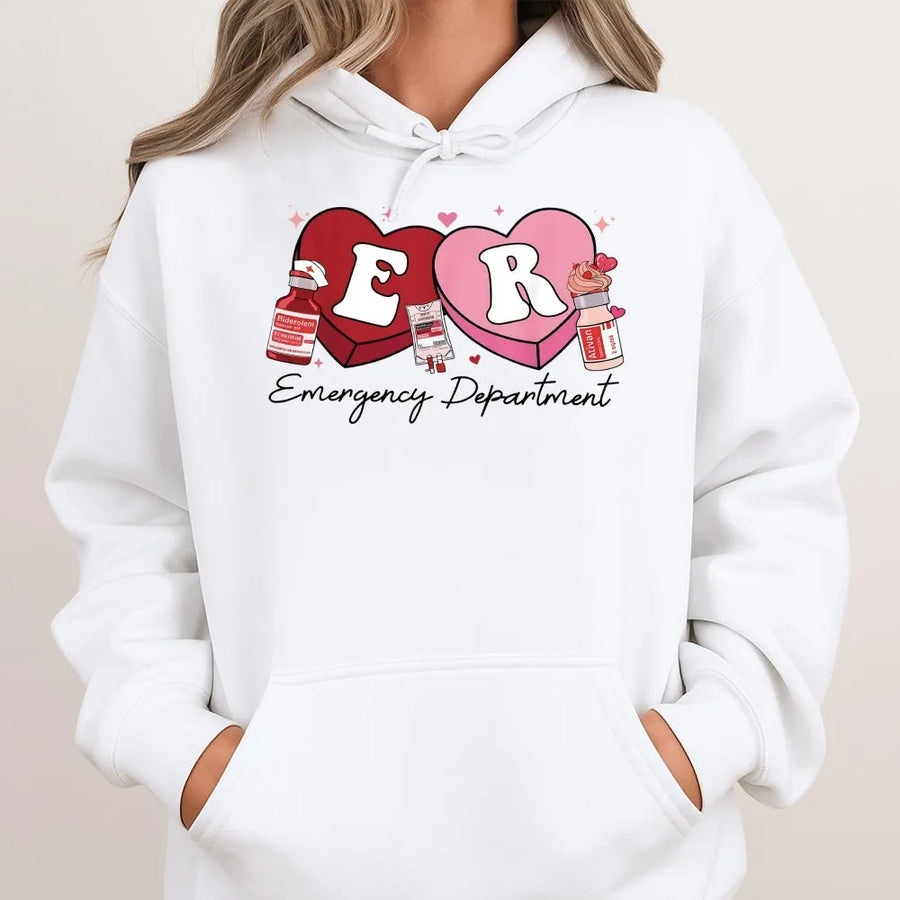 ER Nurse Hoodie | Candy Heart Medical Design | Premium Cotton Blend | Valentine's Day Gift for Emergency Department Nurses