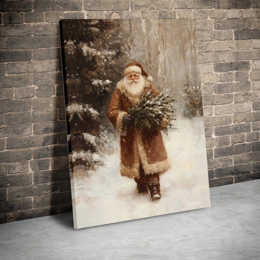 Vintage Santa Claus Wall Art | Brown Coat Christmas Forest Scene | Premium Gallery-Wrapped Canvas | Festive Holiday Home Decor Gift