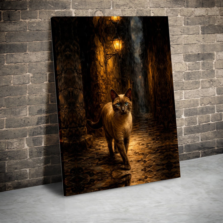 Mysterious Cat Canvas Print | Cat in Lamplit Cobblestone Alley | Premium Gallery Wrap Wall Art | Home Decor Gift for Cat Lover