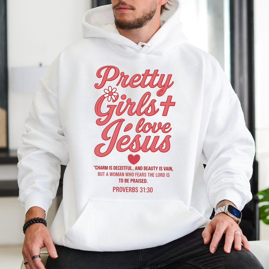 Pretty Girls Love Jesus Hoodie | Proverbs 31:30 Floral Graphic Design | Premium Soft Cotton Blend | Religious Faith Based Gift For Christian Women