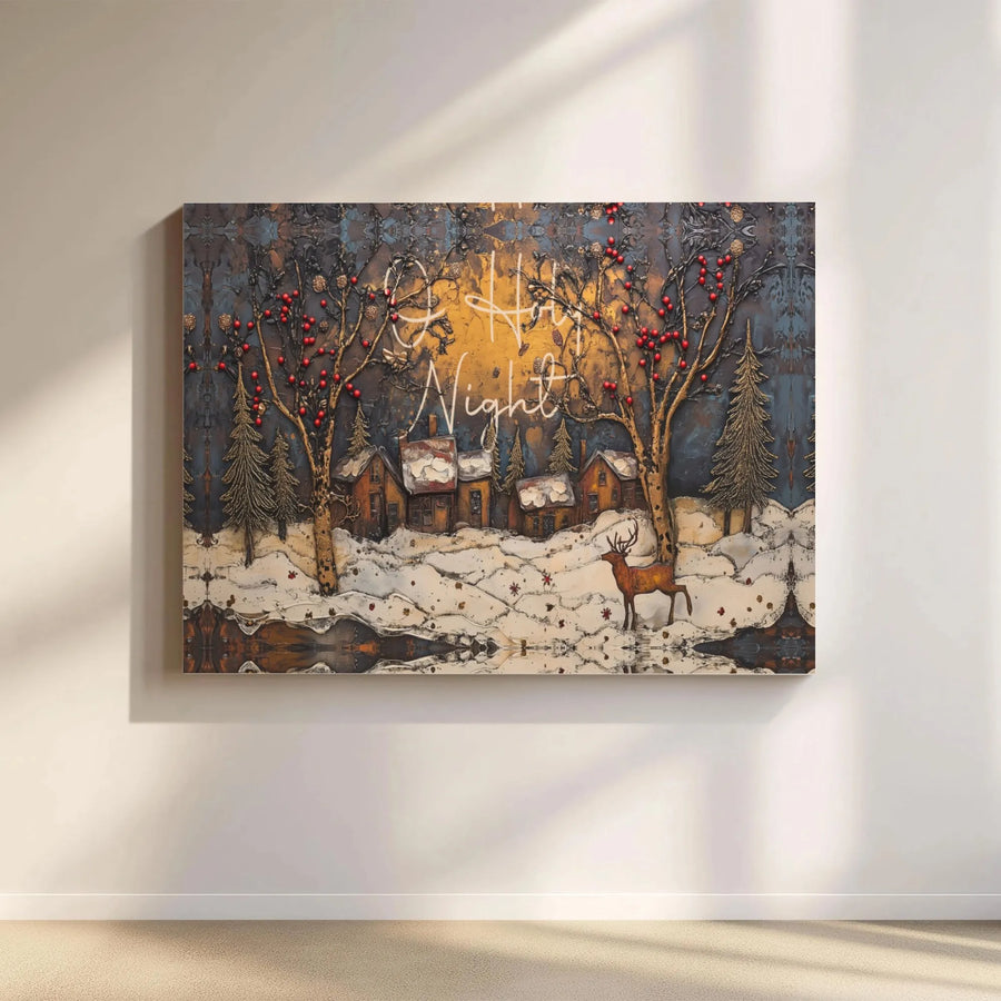 O Holy Night Canvas Print | Winter Village Deer Wall Art | Premium Gallery Wrapped Decor | Holiday Religious Home Gift