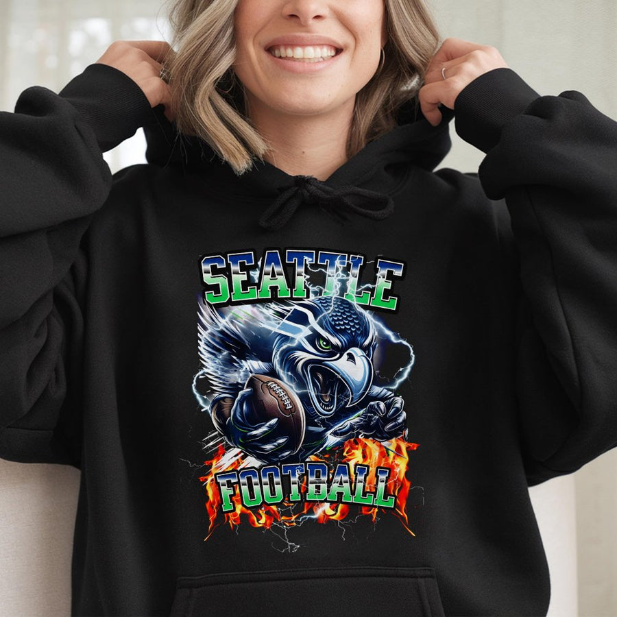 Seattle Football With Seahawks Mascot And Flames Hoodie