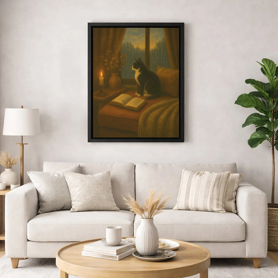 Tuxedo Cat Canvas Art | Rainy Window Reading Scene with Candle | Premium Gallery Wrap Print | Cozy Cottagecore Decor for Cat Lovers