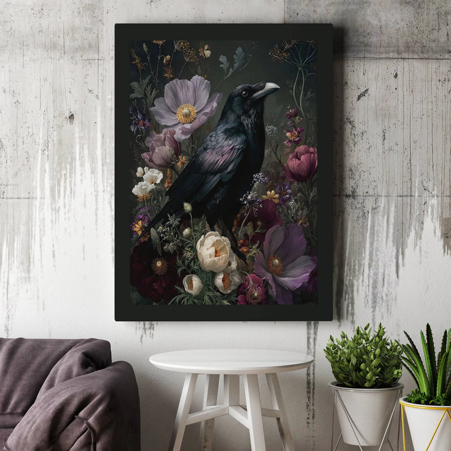 Gothic Raven Canvas Wall Art | Moody Dark Botanical Floral Print | Premium Gallery Wrapped Decor | Gift for Witchy Home Aesthetic