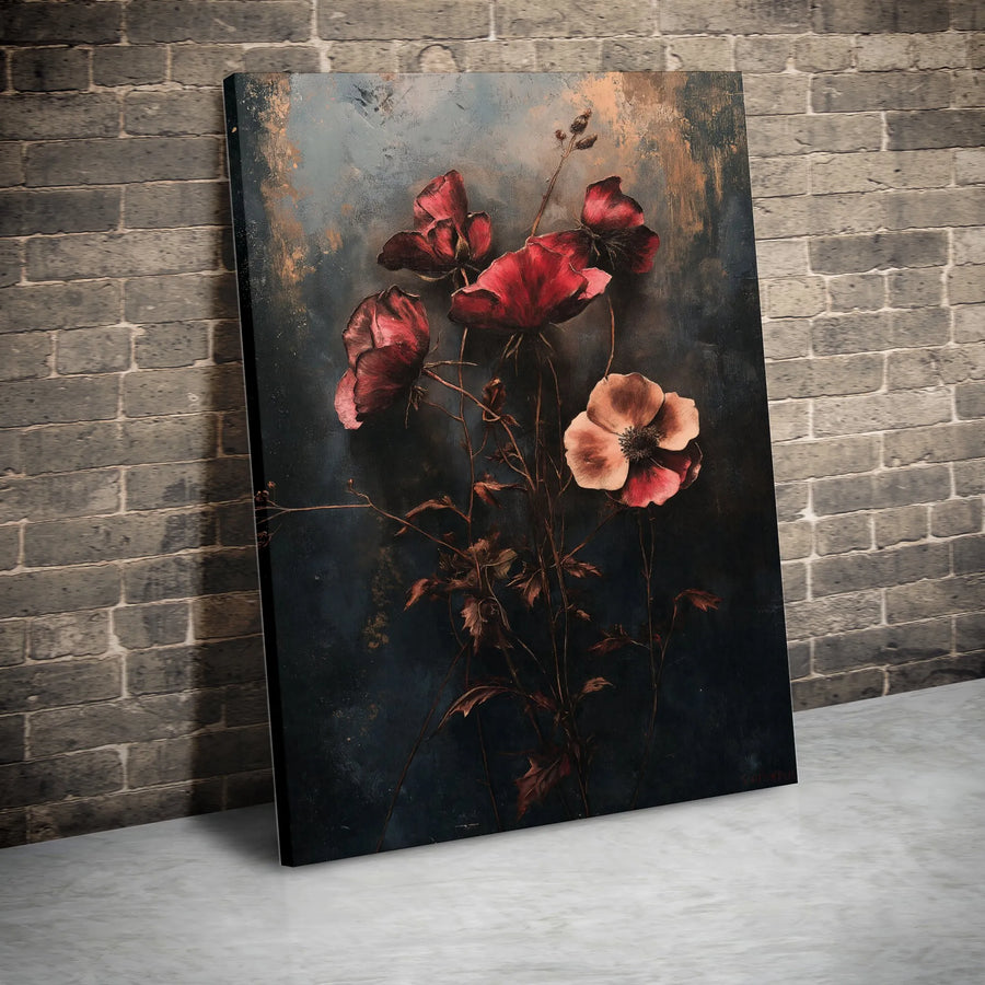 Dark Floral Canvas Print | Moody Red Poppy Botanical Illustration | Premium Gallery Wrapped Canvas | Vintage Farmhouse Wall Decor Gift