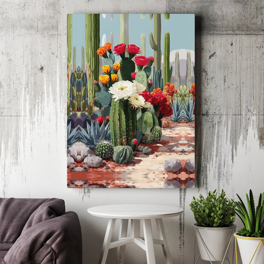 Desert Bloom Canvas Wall Art | Colorful Sonoran Desert Scene | Premium Gallery Wrapped Canvas | Southwestern Home Decor Gift