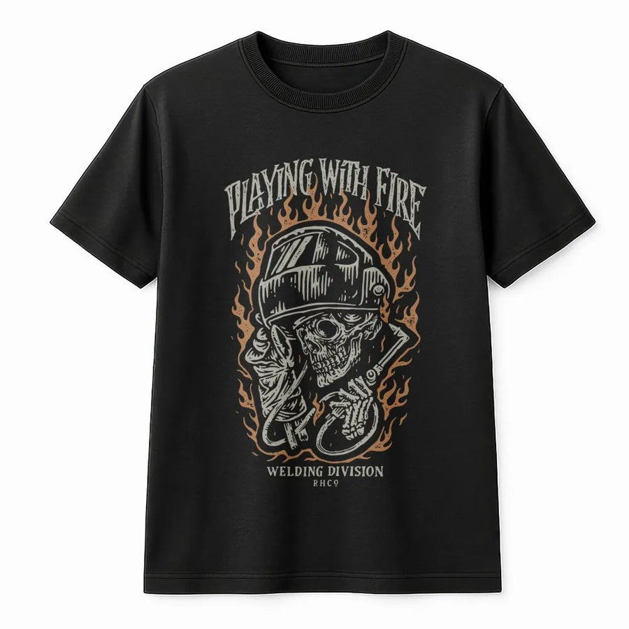 Welder T-Shirt | Skull Playing With Fire Graphic | Premium Cotton Heavyweight Tee | Gift For Welder Mechanic Trade Worker