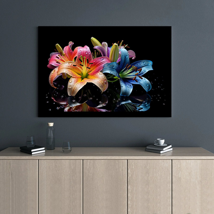 Colorful Lily Flower Canvas Print | Macro Floral Art With Water Droplets | Gallery-Wrapped Premium Decor | Modern Living Room Wall Art