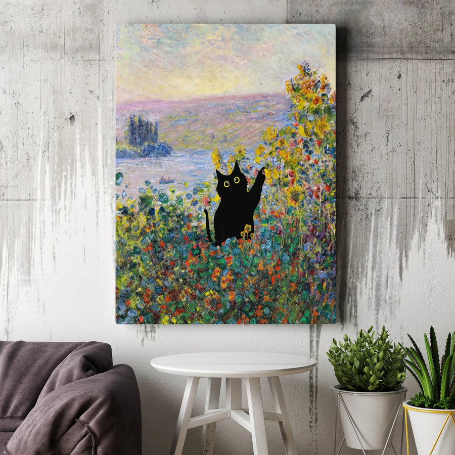 Black Cat Wall Art | Impressionist Monet Style Garden Painting | Premium Gallery Wrapped Canvas | Whimsical Home Decor Gift for Cat Lovers