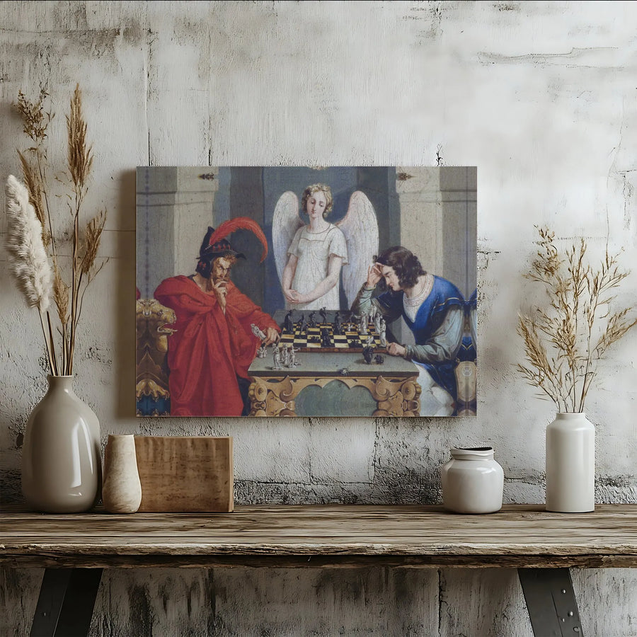 The Chess Players Canvas Wall Art | Moritz Retzsch Symbolic Oil Painting Print | Gallery Wrapped Premium Decor | Gift For Chess Lovers & Collectors