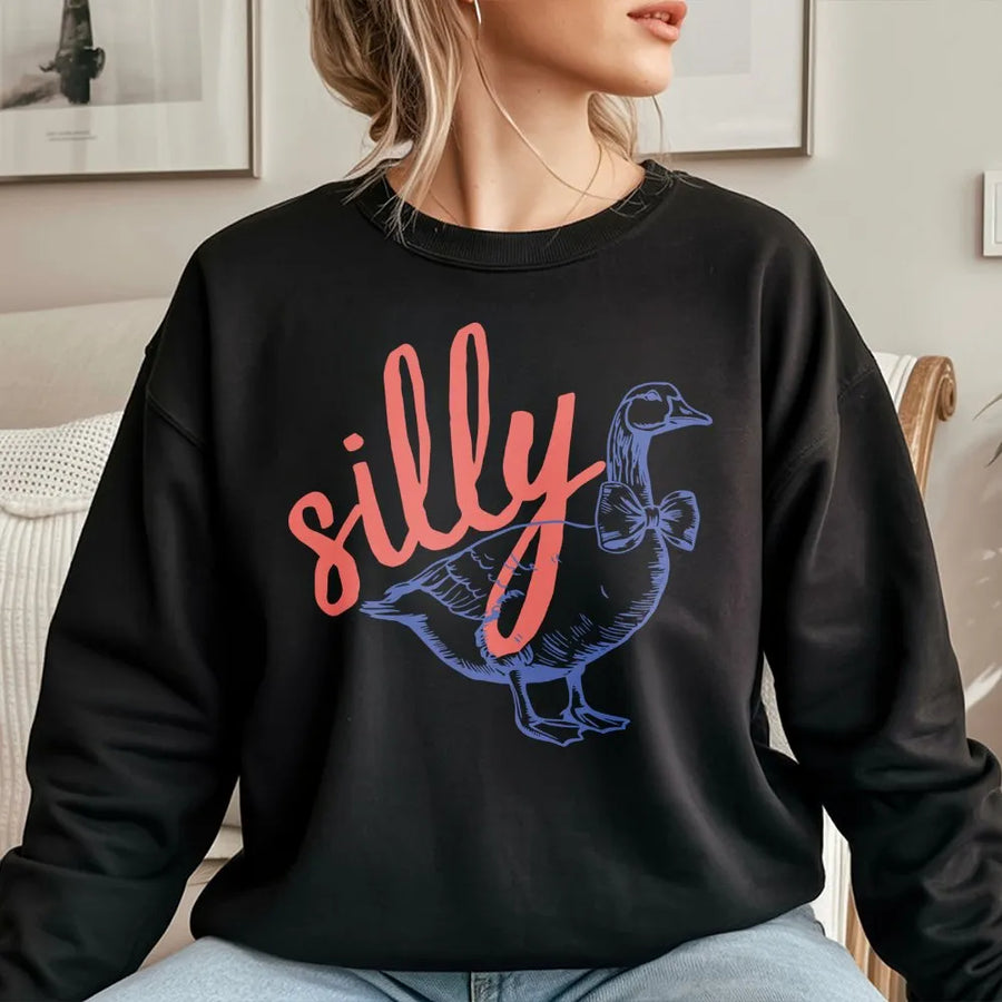 Silly Goose Sweatshirt | Funny Bowtie Duck Graphic | Premium Unisex Crewneck | Retro Meme Gift for Friends and Animal Lovers