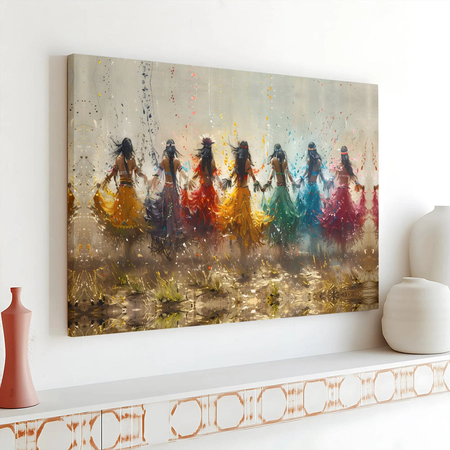Rainbow Dancers Canvas Wall Art | Abstract Painting of Women in Colorful Dresses | Premium Gallery Wrapped Canvas | Boho Living Room Decor Gift