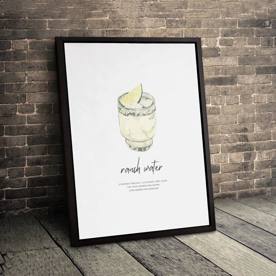 Ranch Water Cocktail Canvas Art | Watercolor Recipe Wall Decor | Premium Fade-Resistant Print | Bar Cart Kitchen Decor for Drink Lovers