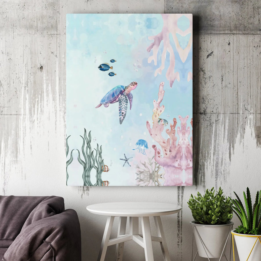 Sea Turtle Canvas Wall Art | Watercolor Ocean Reef Scene | Premium Gallery-Wrapped Print | Coastal Decor for Bathroom Nursery or Beach Home