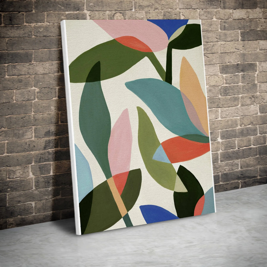 Abstract Botanical Vertical Canvas | Mid-Century Modern Leaf Wall Art | Premium Gallery Wrapped Print | Minimalist Living Room Home Decor Gift