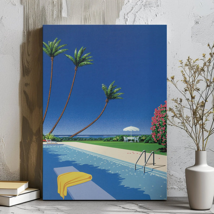 Poolside Palm Tree Canvas Art | Vintage 80s City Pop Aesthetic Print | Premium Gallery Wrap Wall Decor | Tropical Summer Home Gift for Music Lovers