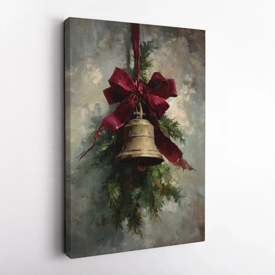 Vintage Christmas Bell Canvas Art | Oil Painting Style Pine Branches & Red Bow | Premium Gallery Wrapped Decor | Festive Holiday Gift