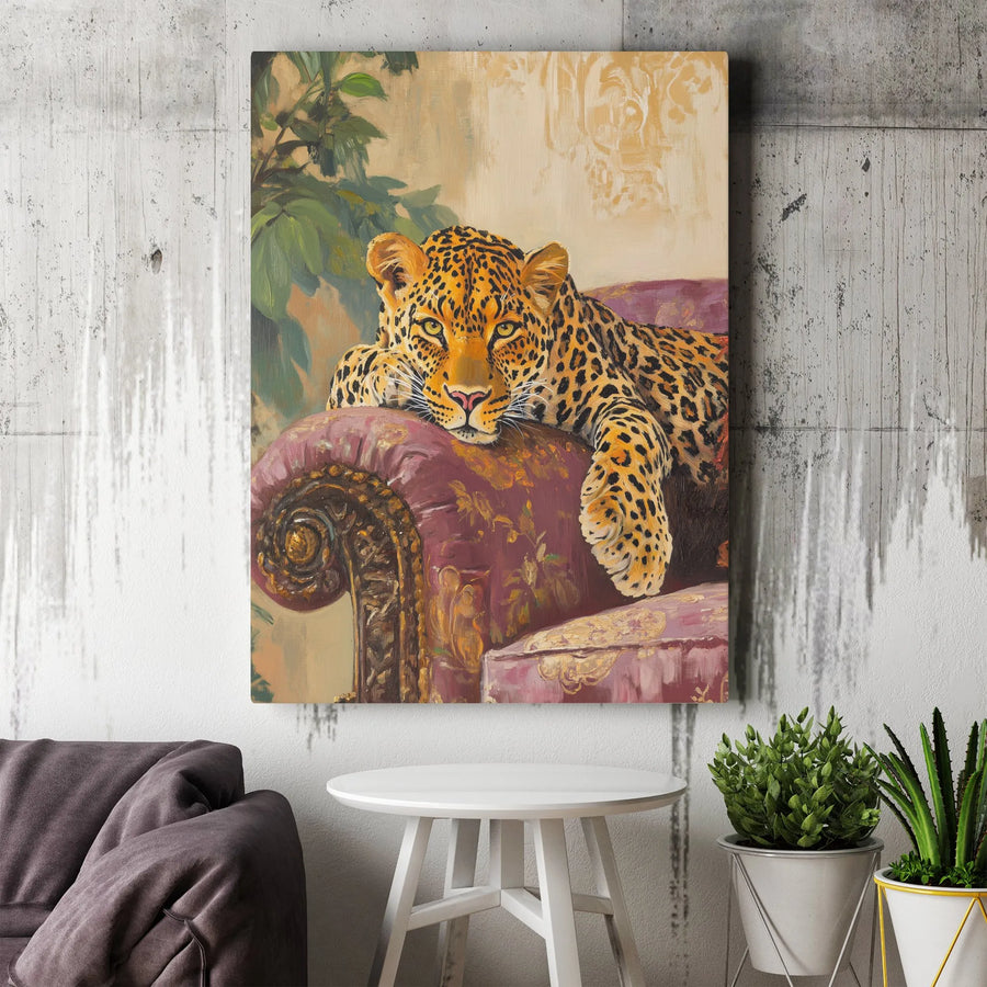 Leopard On Vintage Sofa Canvas Wall Art | Whimsical Animal Portrait | Premium Fade-Resistant Print | Elegant Home Office Decor Gift