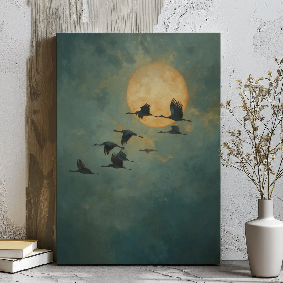 Cranes Flying Full Moon Canvas Wall Art | Moody Dark Aesthetic Print | Premium Gallery Wrap Decor | Nature Lover Living Room Gift