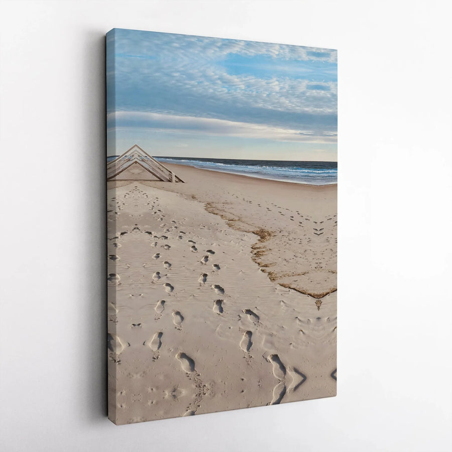 Beach Footprints Canvas Wall Art | Serene Ocean Shore Landscape | Gallery Wrapped Premium Print | Coastal Home Office Decor Gift