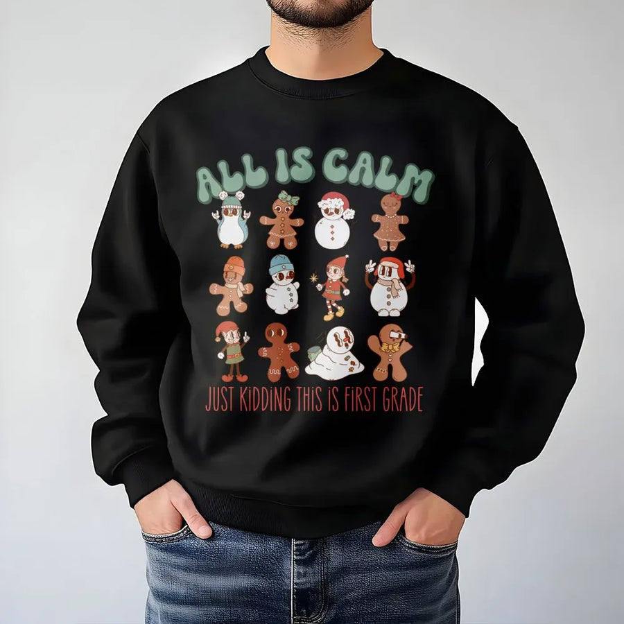 First Grade Teacher Sweatshirt | Retro Christmas Gingerbead Design | Cozy Cotton Blend Crewneck | Holiday School Staff Gift Idea
