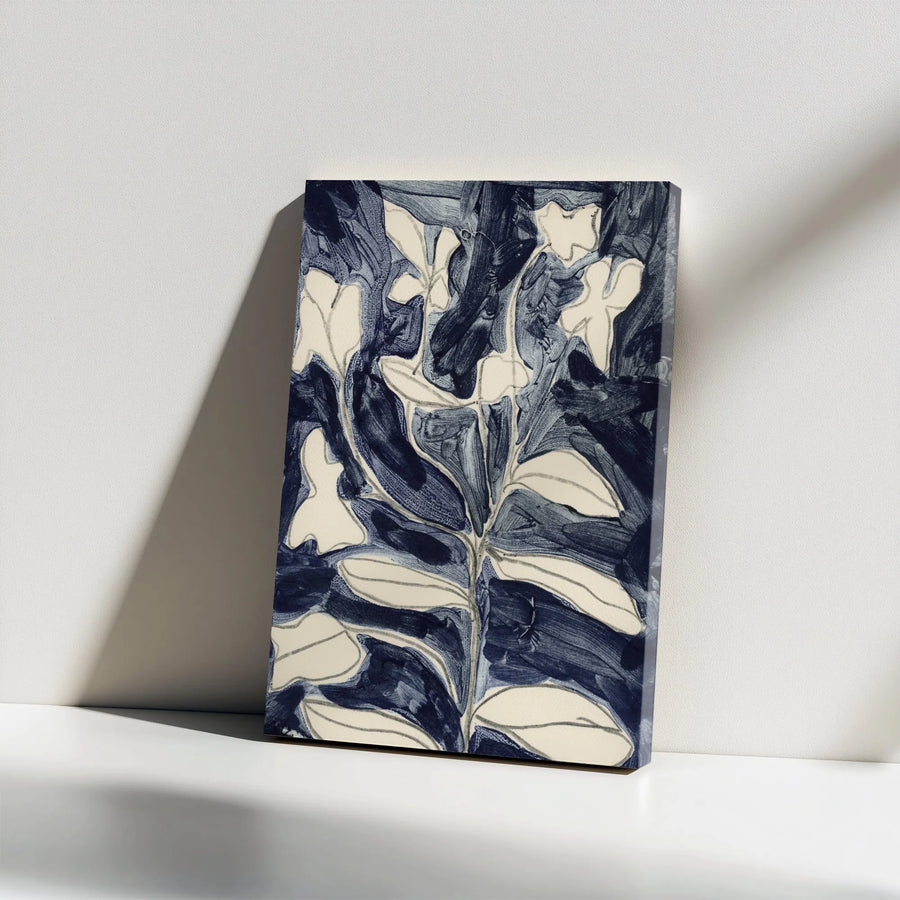 Abstract Indigo Floral Vertical Canvas | Modern Botanical Painting Print | Premium Gallery Wrapped Wall Art | Limited Edition Gift for Home Decor