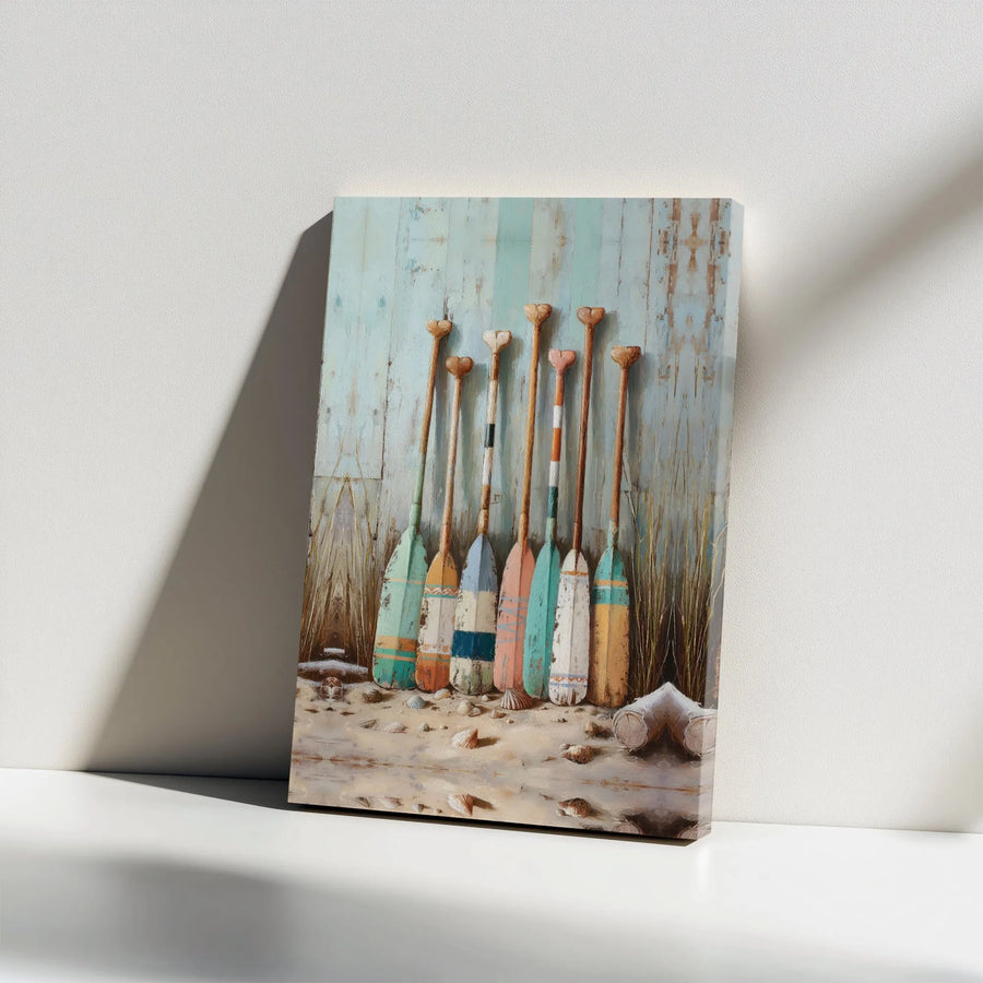 Coastal Paddle Wall Art | Colorful Weathered Boat Oars Painting | Premium Canvas Print | Nautical Beach House Decor Gift