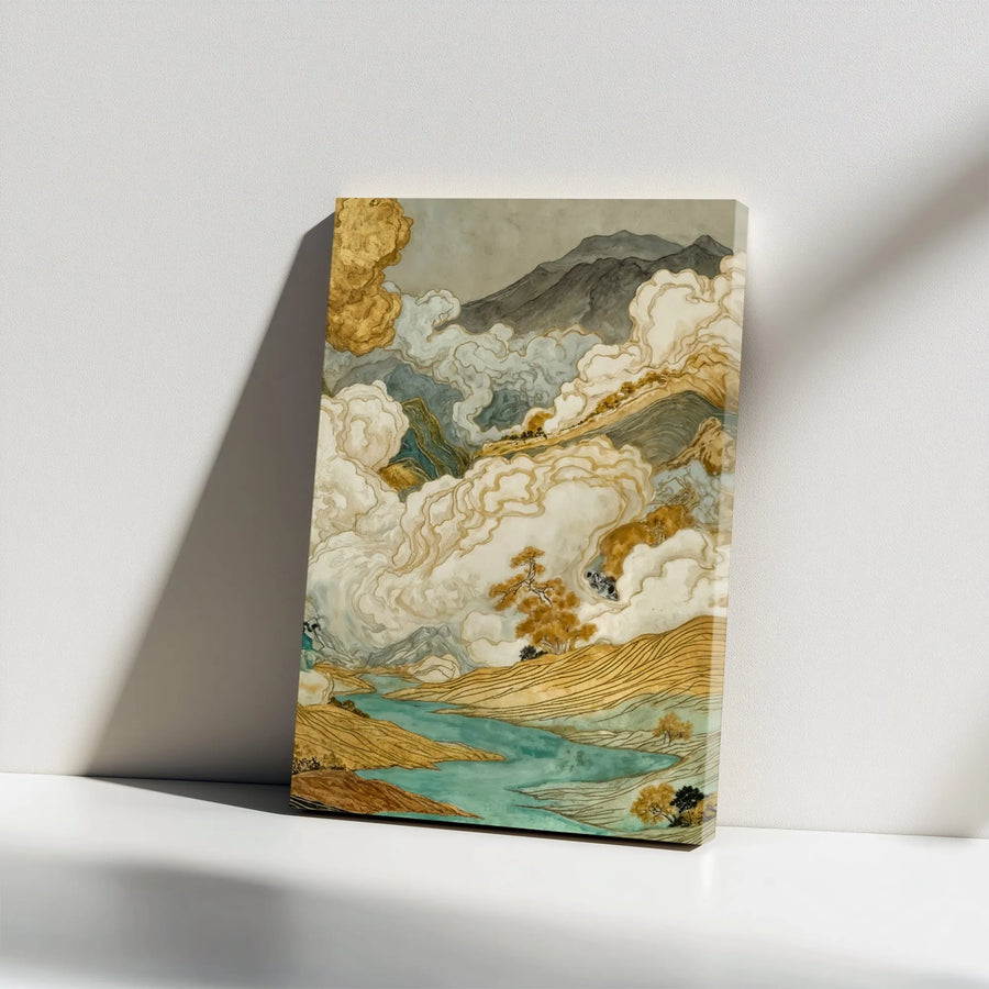 Vintage Japanese Landscape Vertical Canvas | Gold Clouds & Teal Mountain River Print | Premium 1.25” Gallery Wrap Profile | Zen Office & Home Decor Gift