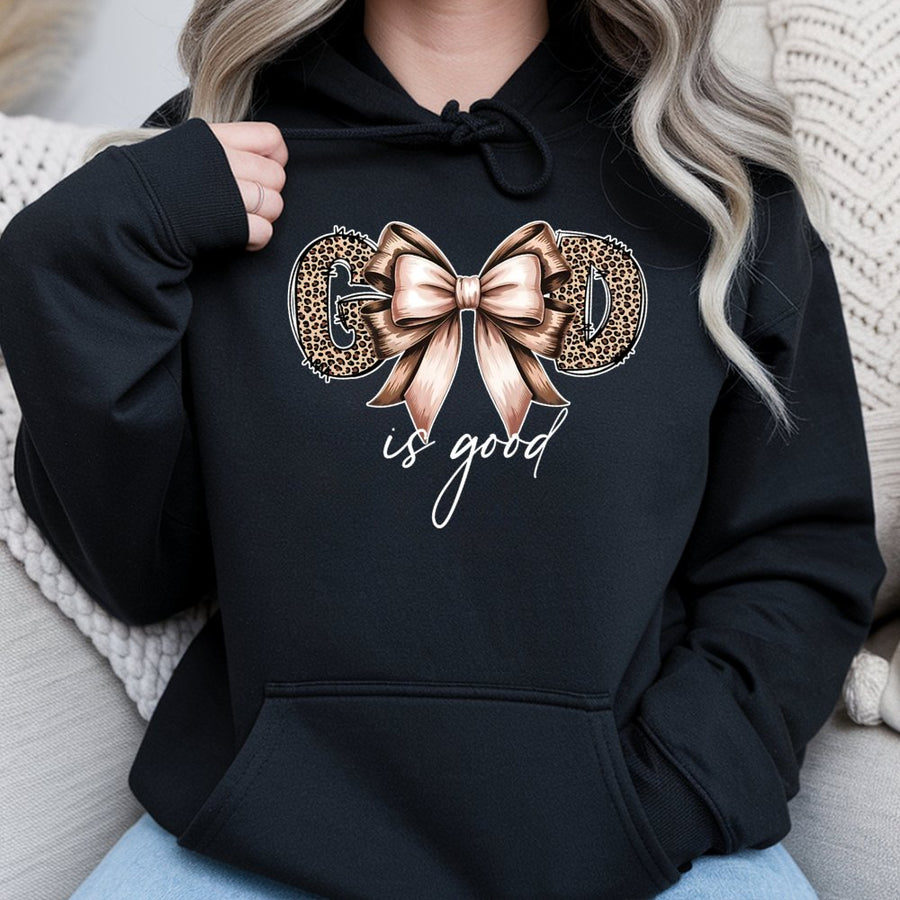 God Is Good Hoodie | Leopard Print Bow Graphic | Premium Cotton Blend | Christian Faith Gift for Women & Men