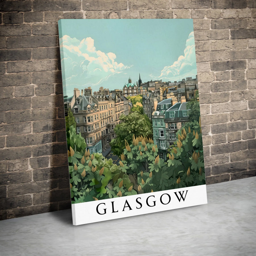Glasgow Cityscape Wall Art | Vintage Travel Illustration Poster | Premium Gallery Wrapped Canvas | Scotland Travel Gift Home Decor