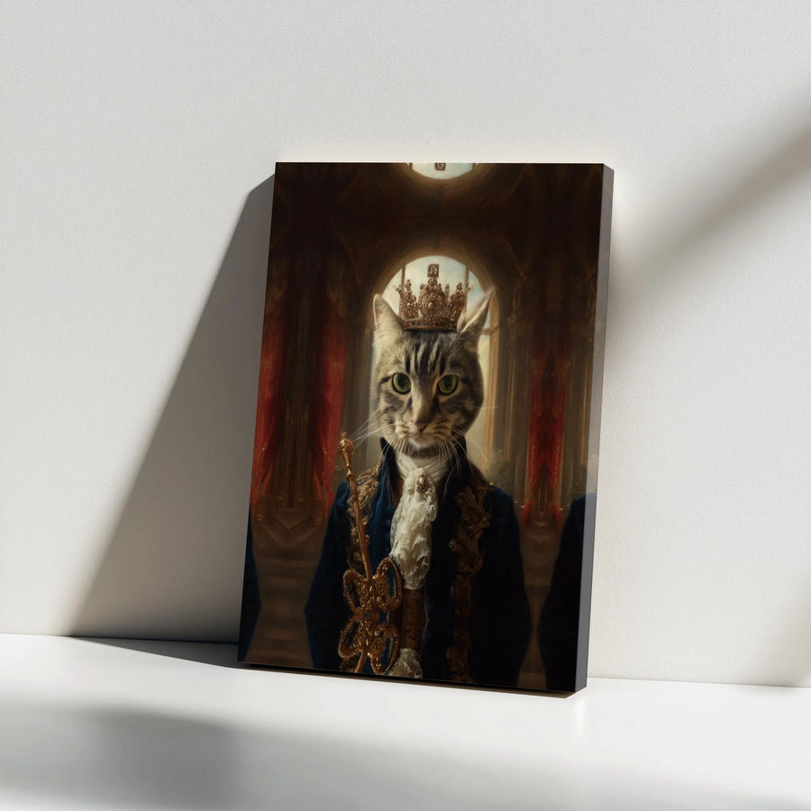 King Cat Portrait Canvas | Regal Tabby Cat in Crown and Royal Robes | Premium Gallery Wrap Wall Art | Unique Pet Lover Gift for Home Decor