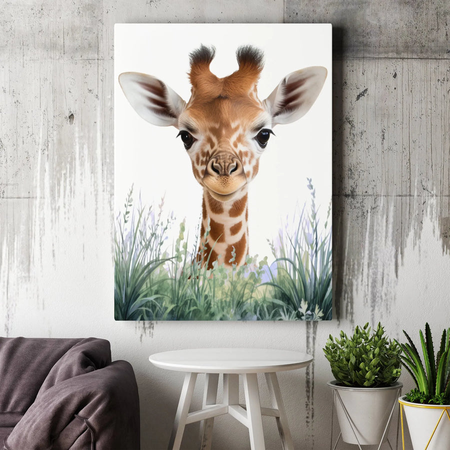 Baby Giraffe Canvas Wall Art | Cute Watercolor Peeking Animal Print | 1.25 Inch Premium Gallery Wrap | Nursery Decor & Safari Gift