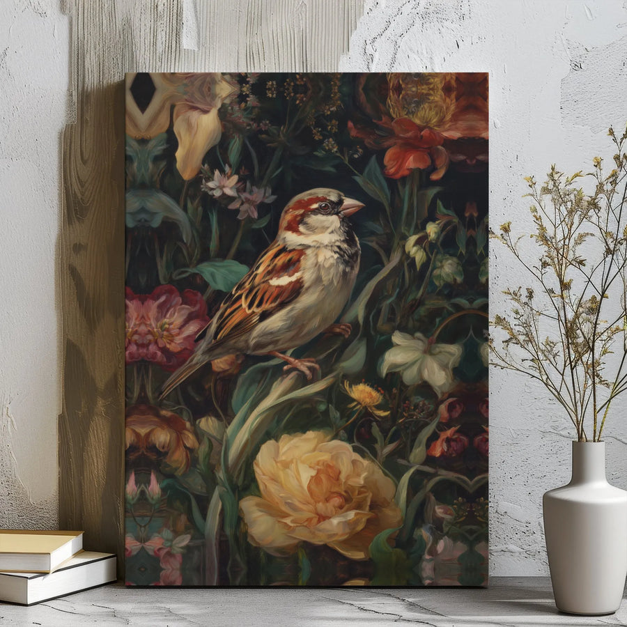 Sparrow Canvas Wall Art | Moody Floral Garden Botanical Print | Premium Gallery Wrap Decor | Nature Lover Gift for Home Office